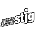 stjg-Logo mit weißer Schrift und schwarzer Umrandung
