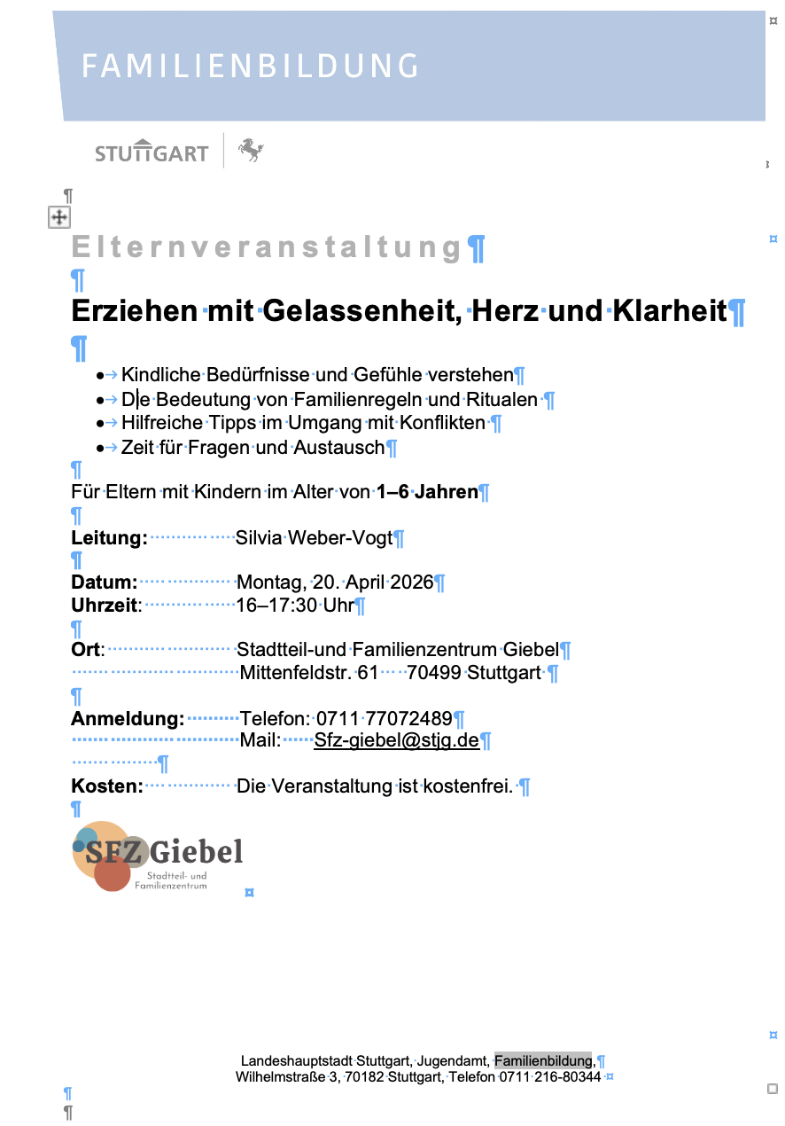 Flyer für die jeweilige Veranstaltung mit Datum und Kurzbeschreibung